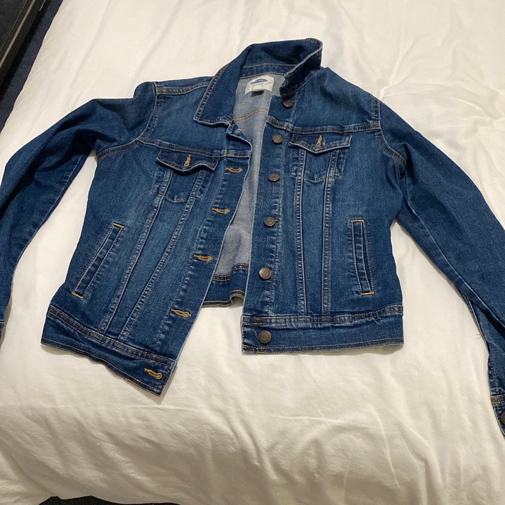 Old Navy dark washed jean jacket, medium sized and sits about waist area
